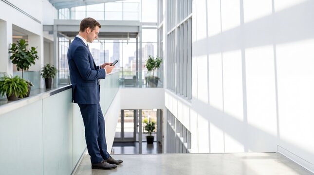 Professional businessman in suit using smartphone while leaning on railing in modern bright office lobby, checking emails or messages on mobile device