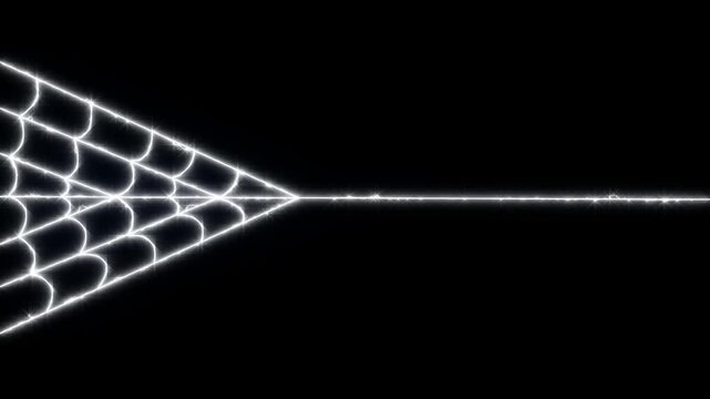 Animated spider web expansion effect with flexible elastic silk strands, realistic cobweb formation and seamless Halloween horror VFX overlay on black background in ultra HD 4K