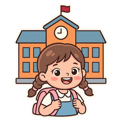 Cute Schoolgirl Illustration in Front of School Building