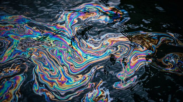Oil slick on water surface. Iridescent fuel spill texture. Toxic waste.