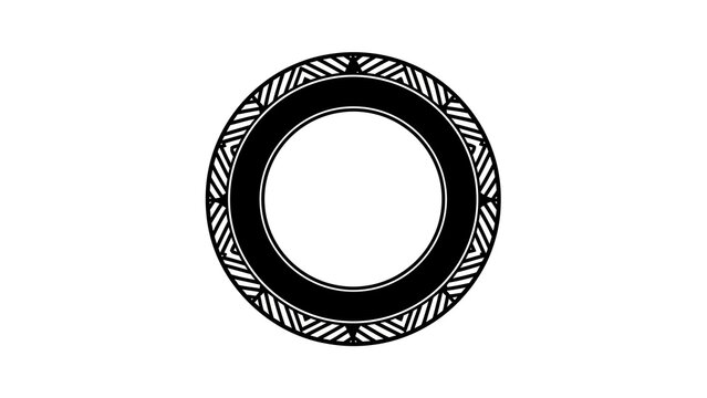 Stylized black circular emblem with intricate geometric patterns within a solid border, presented centrally on a clean white background, conveying a modern and abstract aesthetic