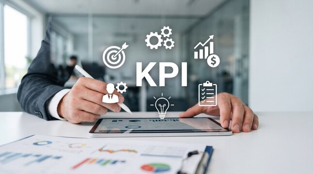 Business professional analyzing key performance indicators on tablet device, focusing on financial growth charts and strategic planning icons in a modern office environment.
