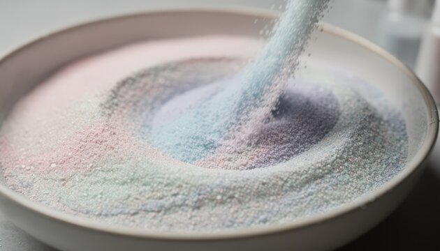 Closeup medium shot of pastelcolored frit powders being blended smoothly in a mixing bowl highlighting gentle hues used in modern enamel designs.