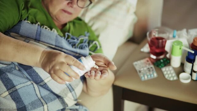 Patient Pouring Capsules From Medicine Bottle Into Hand. Sick Person Taking Pills For Healthcare Disease Treatment 