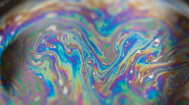Close-up of iridescent bubble texture with swirling colors. Vibrant soap film surface showing rainbow hues