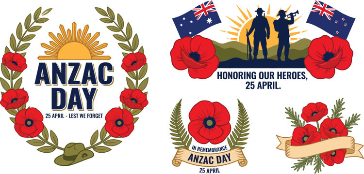 ANZAC Day April 25 patriotic celebration badges collection set with soldiers silhouette and red poppies