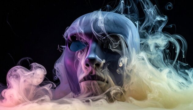 Abstract human face sculpture enveloped in swirling colorful ink clouds underwater with sculpture abstract portrait ethereal