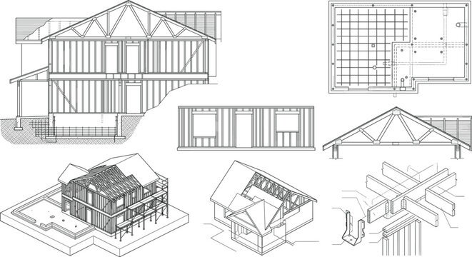 Vector architectural blueprint illustration of residential wood frame house construction details and schematics