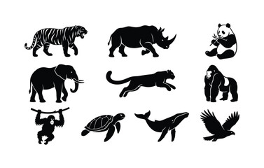 Obraz premium Black silhouettes of various animals on white background