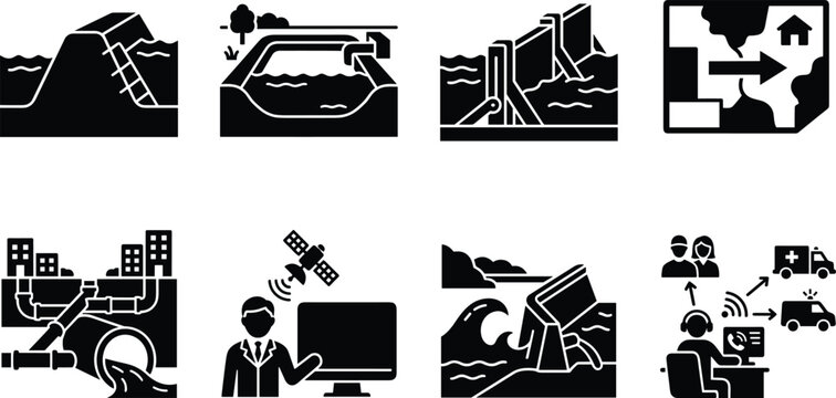 Flood Defense and Water Management Icon Set for Civil Engineering Disaster Prevention and Emergency Response