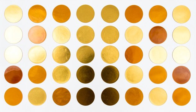 Rows of golden round dots arranged on white background 白い背景にたくさん並んだバリエーション豊かな丸い金色のドットシールのセット