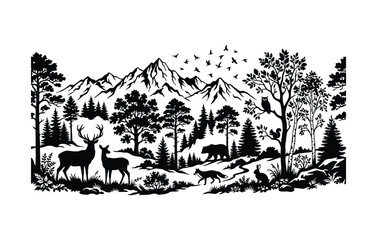 Obraz premium Blackandwhite illustration of forest landscape with animals and mountains