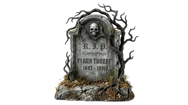 A spooky halloween tombstone decoration with a skull, bare tree branches, and moss, isolated on transparent background