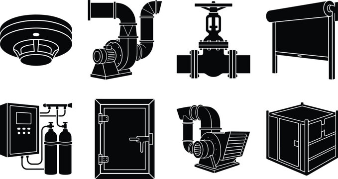 Industrial building safety and fire protection system glyph icons representing ventilation engineering and facility management