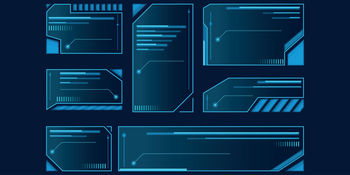 Set of futuristic blue digital interface frames for data visualization and tech UI design.