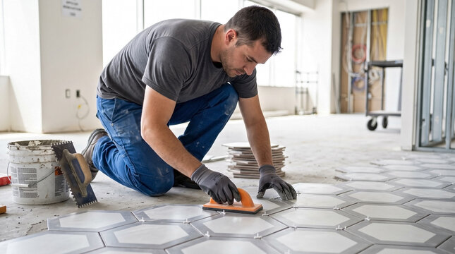 Skilled worker performing tile installation, carefully setting hexagonal ceramic tiles on floor. Professional tile installation demands precision, using specialized tools and materials.