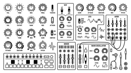 Modular Synthesizer Components: Knobs, Faders, Oscillators, and Patch Cables © Bobo