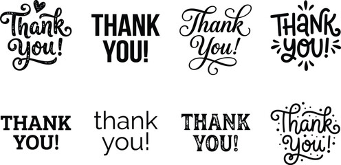 Fototapeta premium Collection of various thank you text typography designs in black with sans serif