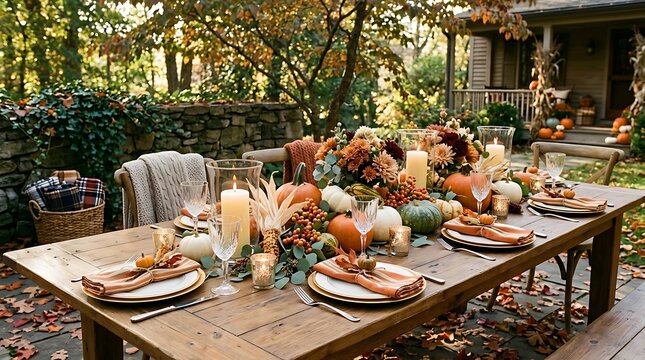 Elegant autumn harvest tablescape outdoor thanksgiving dinner setting with pumpkins and floral centerpiece