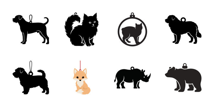 Animal Ornaments Silhouette Set: Dog, Cat, Fox, Bear, Rhino, Wolf, Dog Breeds