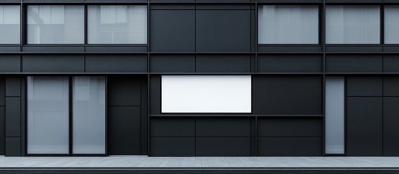 Modern Minimalist Dark Grey Building Facade with a Blank White Billboard for Advertising Signage on a City Street