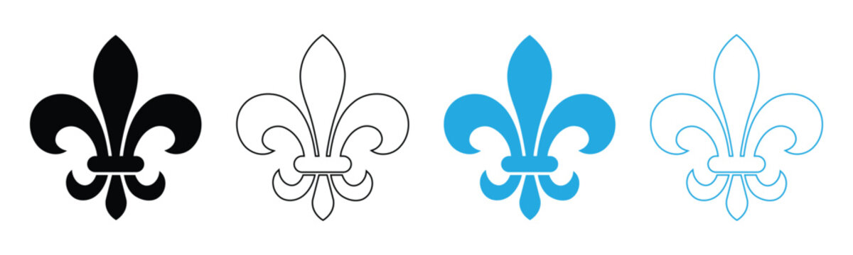Fleur de lis icon set vector illustration. Royal lily symbol in filled and outline style.
