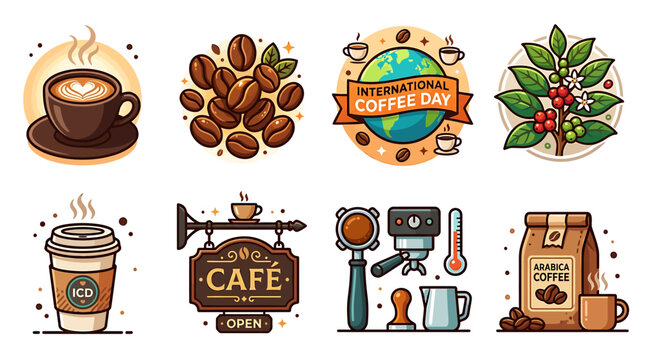 Coffee Day celebration with various coffee cups and beans illustrations