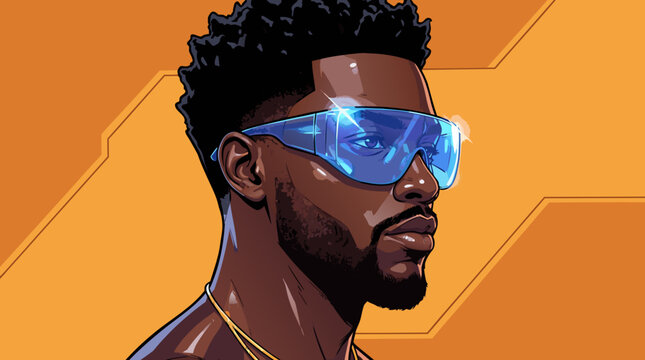 Futuristic illustration of a cool Black man wearing glowing blue sunglasses