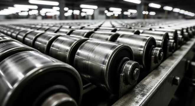 Industrial conveyor rollers in a factory, close-up, metallic, automated transport system.