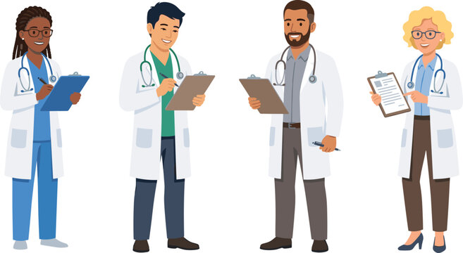 Diverse Group of Medical Doctors Vector Character Set with Multiethnic Healthcare Professionals Holding Clipboards and Writing Patient Notes for Hospital Designs
