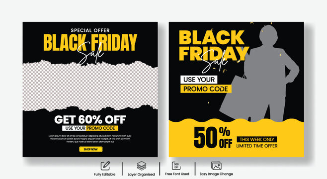 Black Friday Sale Social Media Post Banner Template Instagram Ads Design Promotional Web Banner Ecommerce Marketing Flyer Poster Discount Offer Creative Modern Advertising Layout Bundle Collection