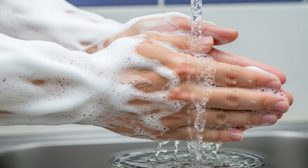 Fototapeta premium Person washing hands with soap and water in sink, hygiene concept