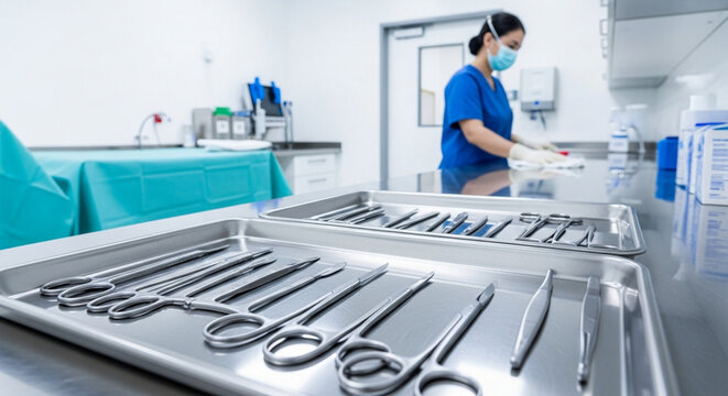 Medical surgical instruments in sterile trays with nurse preparing in background
