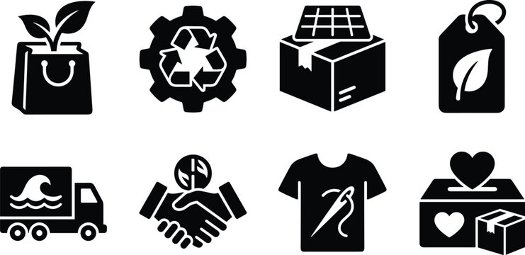 Eco friendly business and sustainable logistics icon set representing green packaging recycling and ethical fashion production