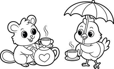Fototapeta premium Cute Animals Tea Party Coloring Book Page Vector Set Featuring Adorable Cartoon Mouse with Teapot and Baby Bird Holding Umbrella Elements