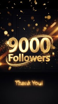 9000 Followers Celebration Background with Golden Balloons and Thank You Text on Black Luxury Background