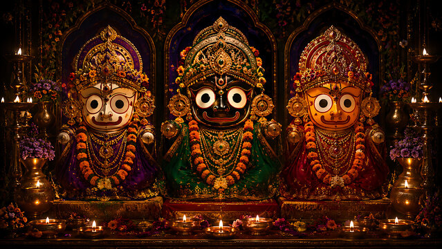 Traditional jagannath balabhadra and subhadra idols prepared for jagannath rath yatra ceremony with illuminated lamps and sacred rath yatra ambiance indoors night