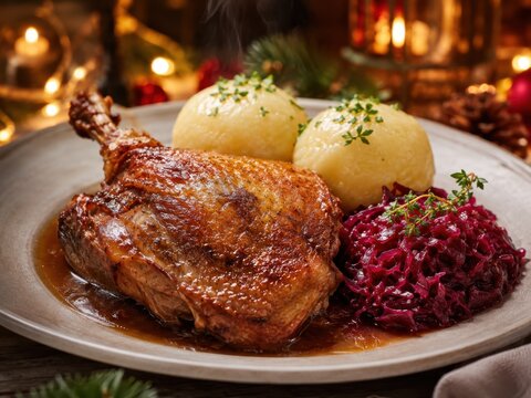 Knusprige Entenkeule mit Kartoffelkl&ouml;&szlig;en, Rotkohl und kr&auml;ftiger Bratenso&szlig;e als klassisches Weihnachtsessen an Heiligabend in Deutschland, warm und festlich serviert.