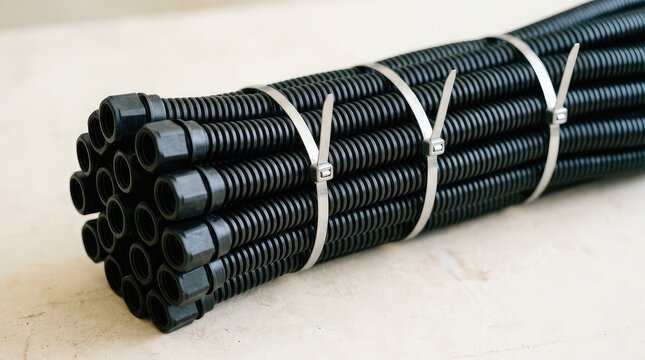 Black corrugated plastic drainage pipe rolled in bundle. Heavy-duty flexible tubing for water management and construction. Essential plumbing and l...