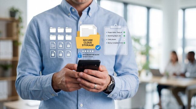 Man holding smartphone with secure cloud storage icons, data encryption active, file folders, documents, verified checklist, project files, marketing report, client assets