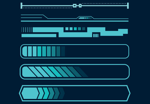 Futuristic digital loading bars and progress indicators set for software interface design