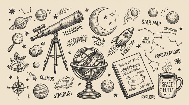 Astronomy and Space Exploration Vintage Elements Hand Drawn Sketch Vector Set with Telescope and Armillary Sphere
