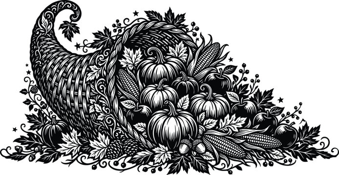 Cornucopia with pumpkins, corn, and autumn leaves illustration