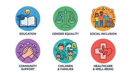 Fototapeta premium A vibrant infographic showcasing education, gender equality, social inclusion, community support, children & families, and healthcare & well-being icons together.