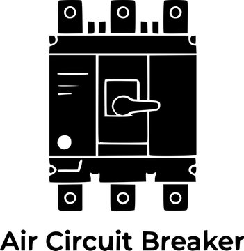 Vector silhouette illustration of an industrial air circuit breaker ACB unit used for heavy-duty electrical switchgear panel protection, featuring a detailed toggle switch handle, wire connection term