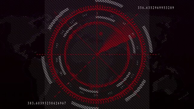 Futuristic Digital Radar Screen Displaying World Map and Concentric Circles with Data animation. Concentric circles pulse over world map on futuristic radar screen producing bold animated data motion.