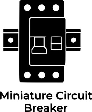 Vector silhouette illustration of a miniature circuit breaker MCB unit used for household and industrial electrical panel protection, featuring detailed toggle switch control, wire terminal terminals,