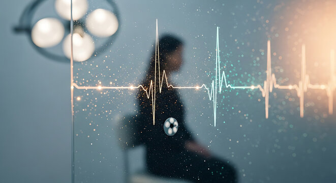 Advanced heartbeat medical data digital display representing hipaa compliance and patient monitoring in a futuristic hospital setting