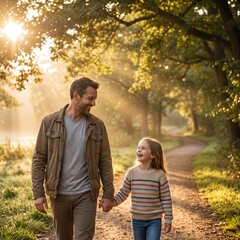 Fototapeta premium Loving Father and Daughter Enjoying a Peaceful Morning Walk at Sunrise
