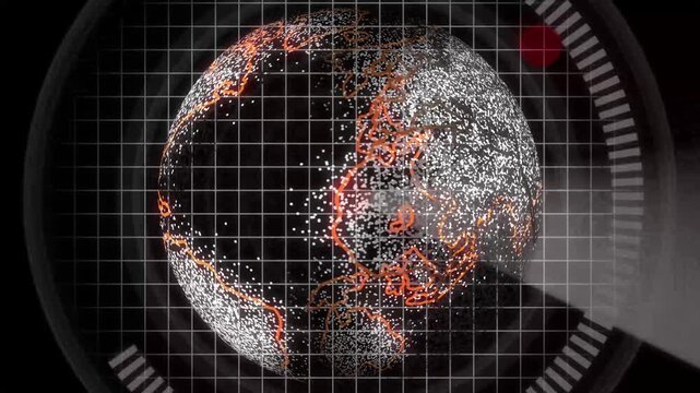 Digital Globe Overlay on a Radar Grid with Orange Outlines and Starfield world map animation. Animated digital globe on radar grid with orange outlines creates sleek and engaging starfield world map.